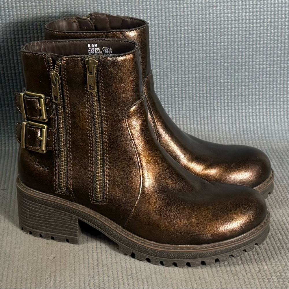 b.o.c. By Born Women’s Bronze Vegan‎ Leather Zip Buckle Ankle Biker Boots Sz 6.5